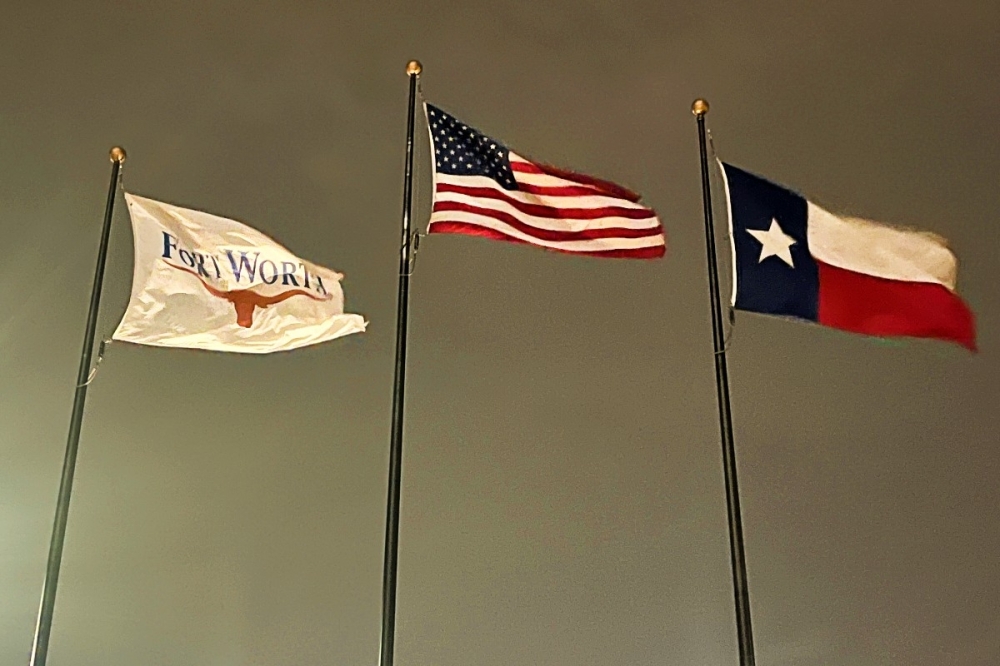 Flags outside Fort Worth City Hall