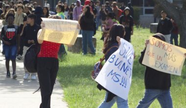 Burnet Middle School students staged a walk-out to protest the replacement of campus leadership and staff May 12. (Elle Bent/Community Impact)