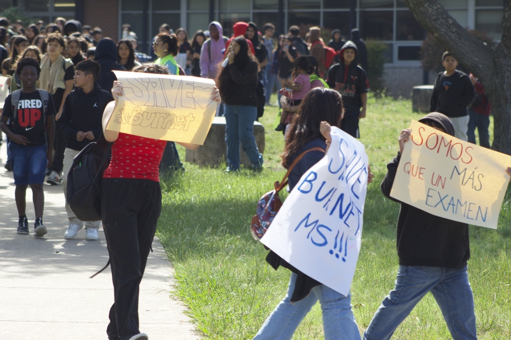 Burnet Middle School students staged a walk-out to protest the replacement of campus leadership and staff May 12. (Elle Bent/Community Impact)