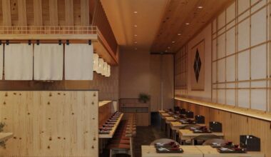 Interior of a restaurant featuring shades of tan design elements.