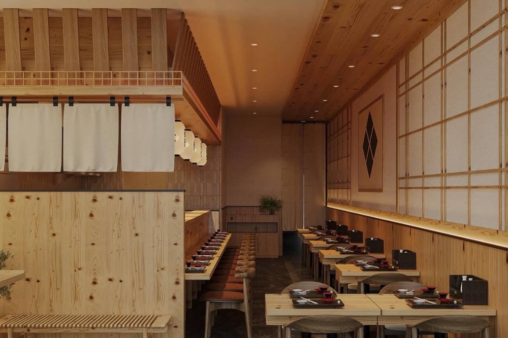 Interior of a restaurant featuring shades of tan design elements.