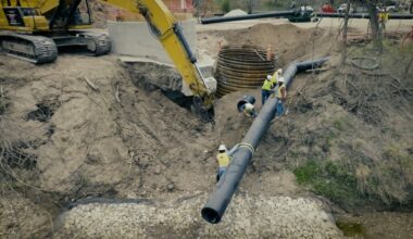 Construction crews work on a temporary bypass waterline on March 6. (Courtesy City of Pflugerville)