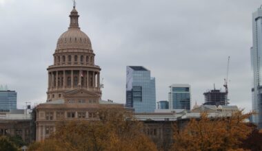 The exterior of the Texas Capitol on an overcast day in December 2023.