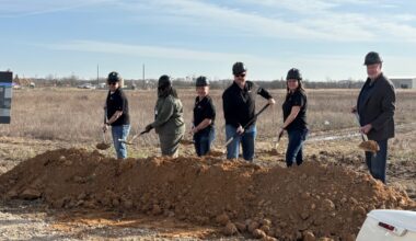 Company officials shovel dirt at the National Powersports Auctions groundbreaking Feb. 19.