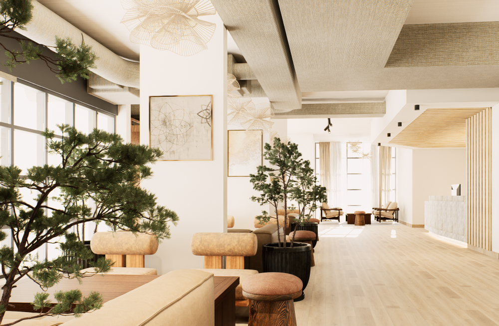 A rendering of a hotel lobby with cream walls, light wood floors and several plants
