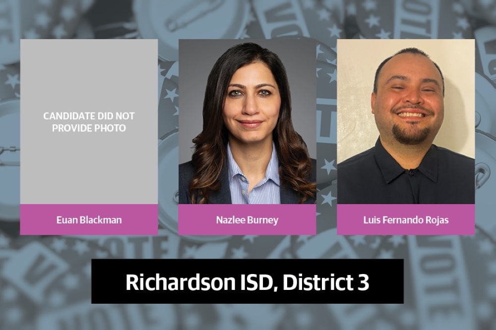 Euan Blackman, Nazlee Burney and Luis Fernando Rojas are running in the May election for the District 3 seat on the RISD board of trustees. (Community Impact staff)