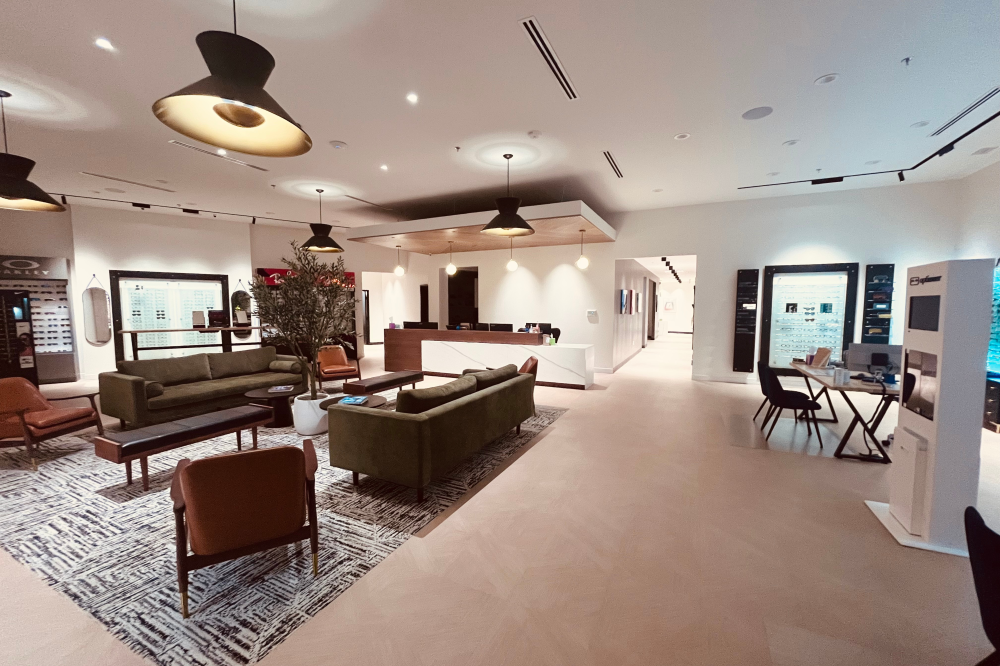 Vista Eye Associates’ boutique-style optical shop featuring designer eyeglasses, custom lenses, and a friendly staff helping patients select the perfect frames in a welcoming, modern environment.