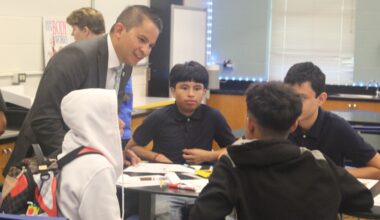 Superintendent Matias Segura speaks to students in class at Webb Middle School