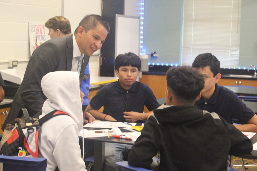 Superintendent Matias Segura speaks to students in class at Webb Middle School