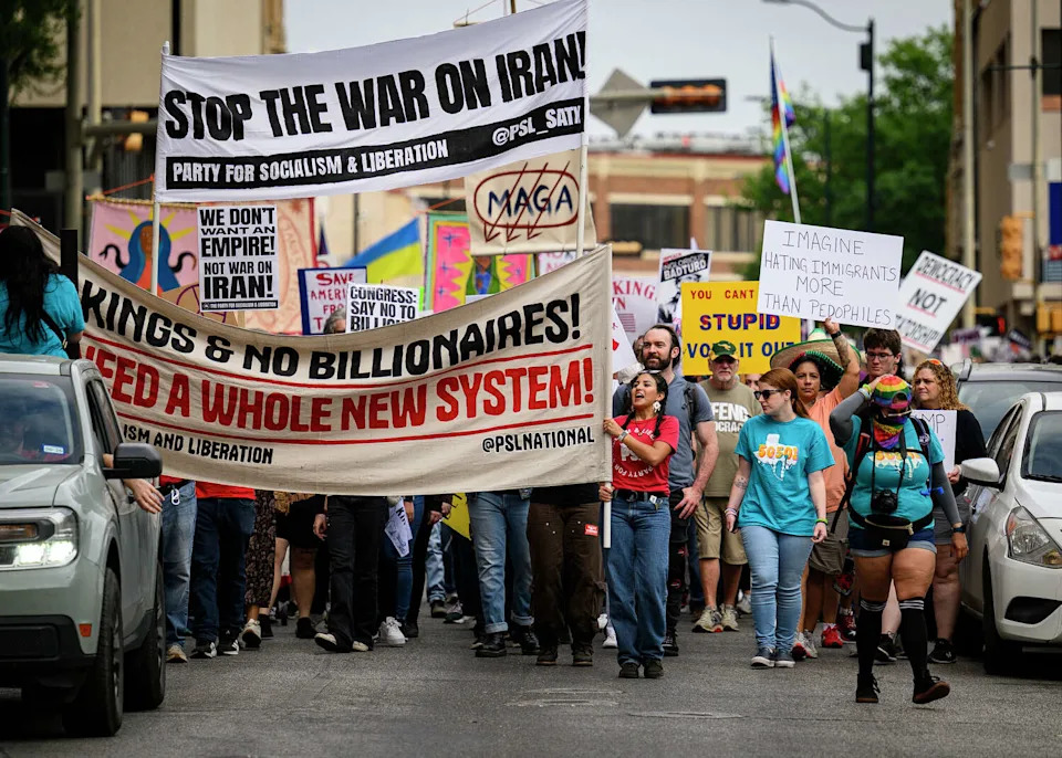Thousands of protesters gathered downtown Saturday for San Antonio's third "No Kings" protest. The protest was one of more than 3,000 coordinated in a nationwide "No Kings Day" demonstration that denounced President Donald Trump's administration and his crackdown on immigration and war against Iran. (Ethan E. Rocke/Contributor)