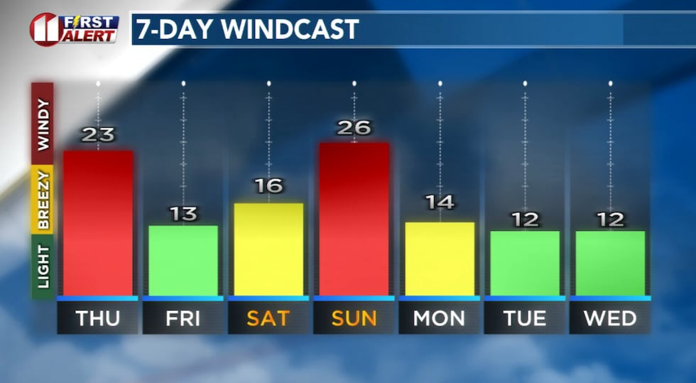 Forecast peak sustained winds are shown in this graph. Peak gusts will exceed the values shown...