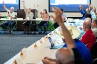 Jim Thompson (left), chair of Region D, raises his hand with fellow members voting...