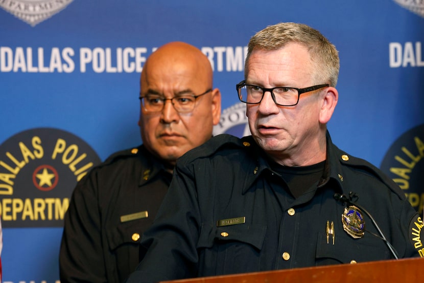 Dallas police Deputy Chief William Griffith, foreground, speaks, Monday, March 16, 2026,...