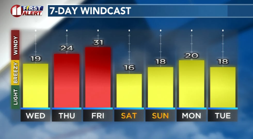 Forecast peak sustained winds are shown in this graph. Peak gusts will exceed the values shown...