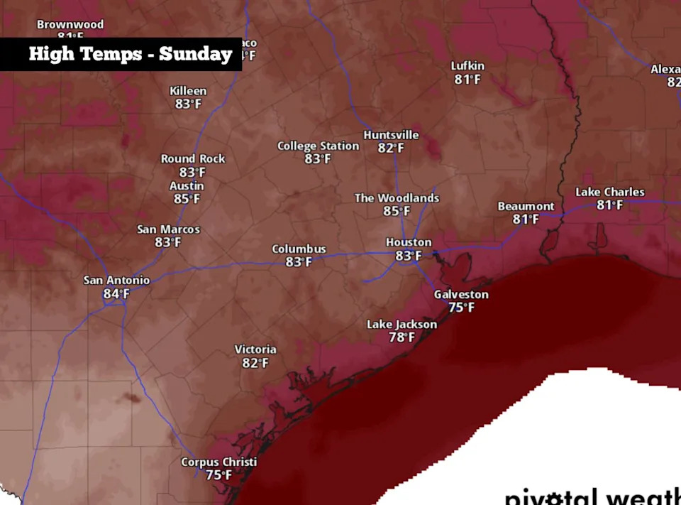 Shown are the expected high temps across the region on Sunday. (Pivotal Weather)
