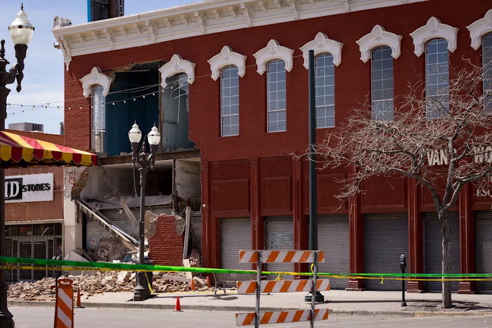 The front of a building collapsed in the 800 block of South El Paso Street in Downtown El Paso, Texas, on Wednesday, March 18, 2026.