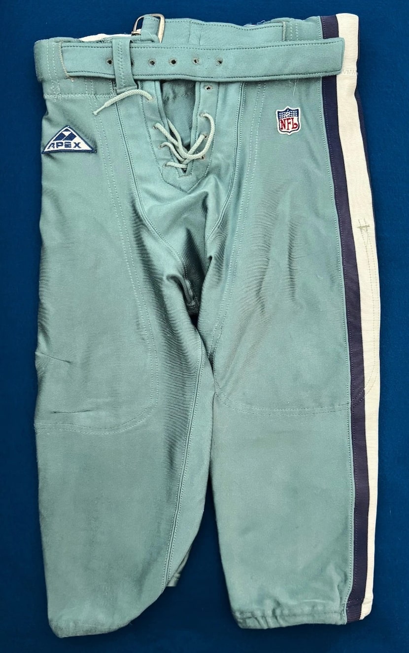 Dallas Cowboys 1992 game-worn pearlescent silver pants, sometimes referred to as "seafoam...