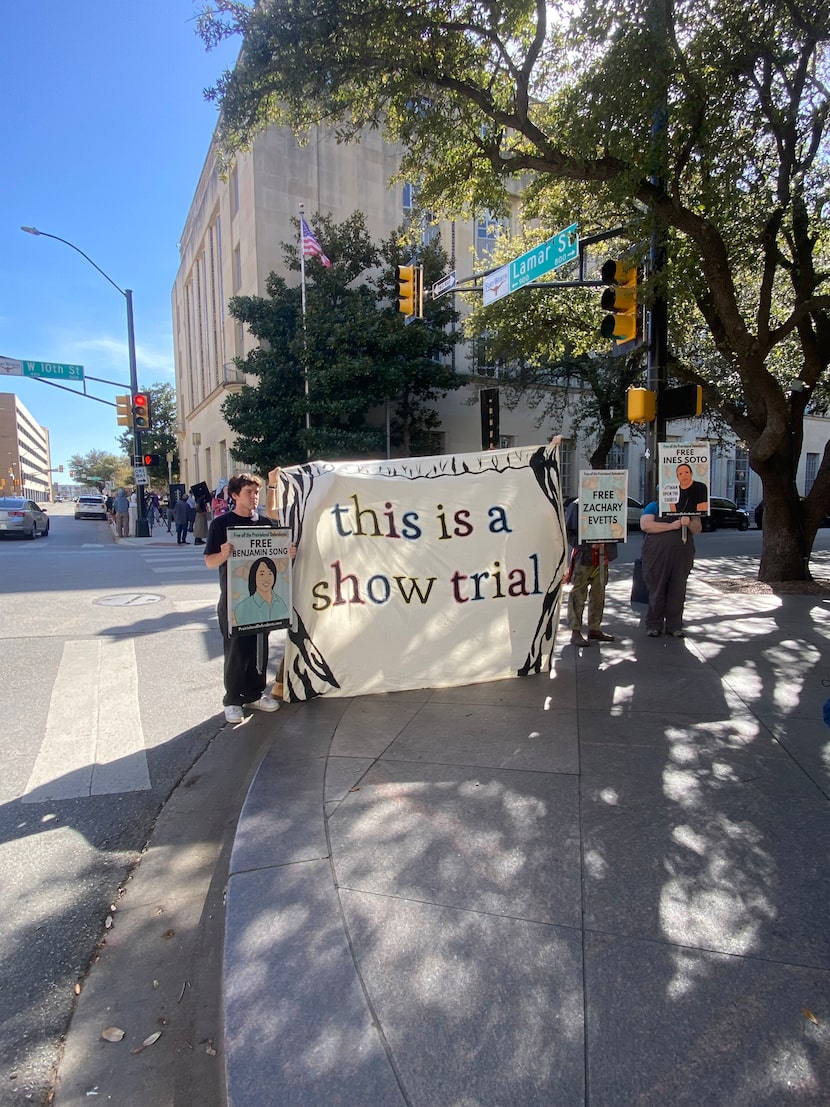 Demonstrators showing support for people accused of conspiring to commit terrorism at the...