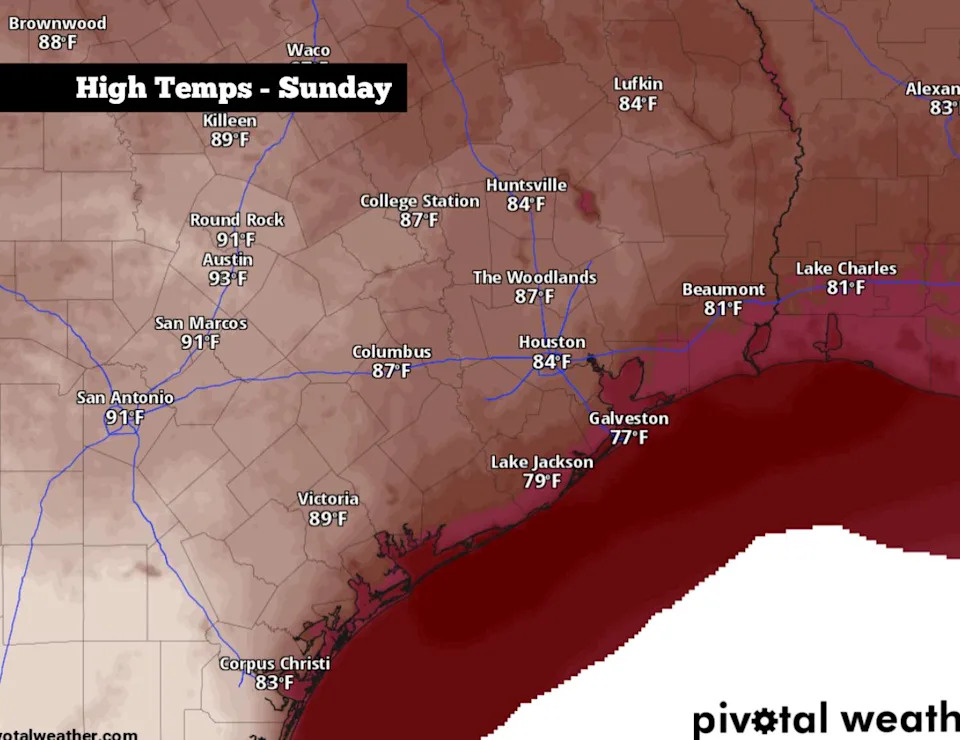Shown are the expected peak afternoon temperatures across Southeast Texas on Sunday, before a cold front moves through the state. (Pivotal Weather)