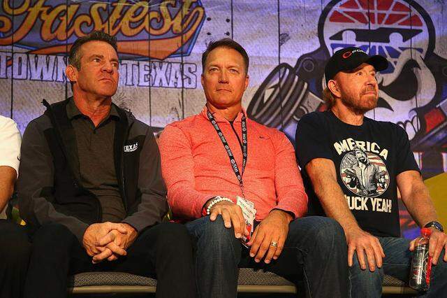 Nov. 6, 2016: Actor Dennis Quaid, Texas Rangers manager Jeff Banister and actor Chuck Norris attend the drivers meeting prior to the NASCAR Sprint Cup Series AAA Texas 500 at Texas Motor Speedway in Fort Worth.