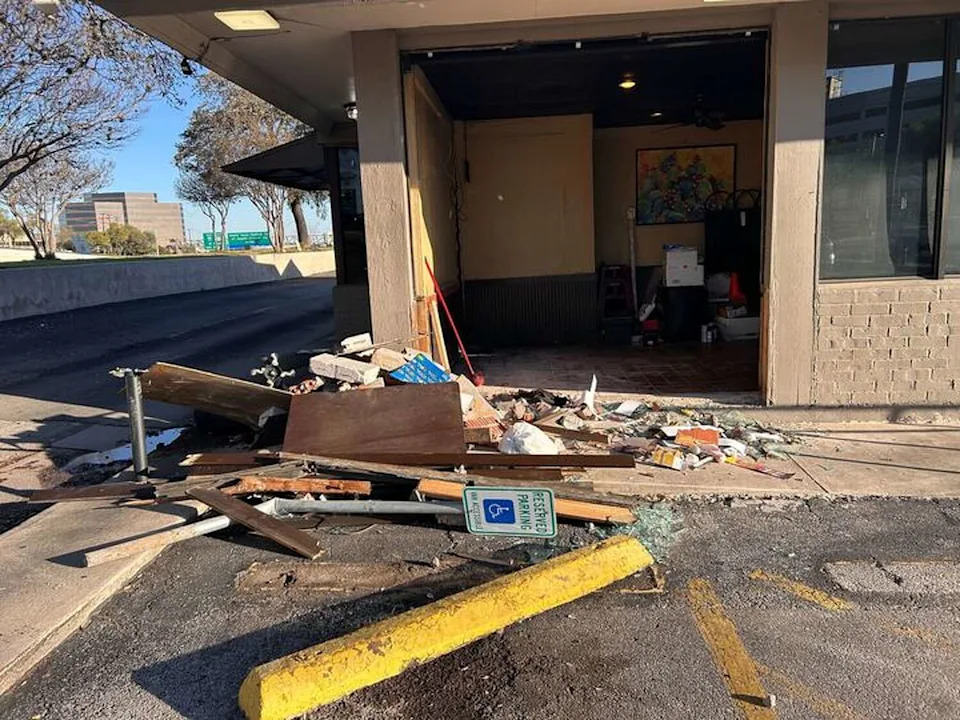 A vehicle crashed into the Las Palapas restaurant at 8005 Callaghan Road in San Antonio, Texas, on Friday, March 13, 2026. (Courtesy of Polly Rocha/MySA)