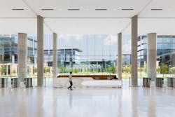 An interior lobby at the new Toyota Motor North American HQ designed by Corgan