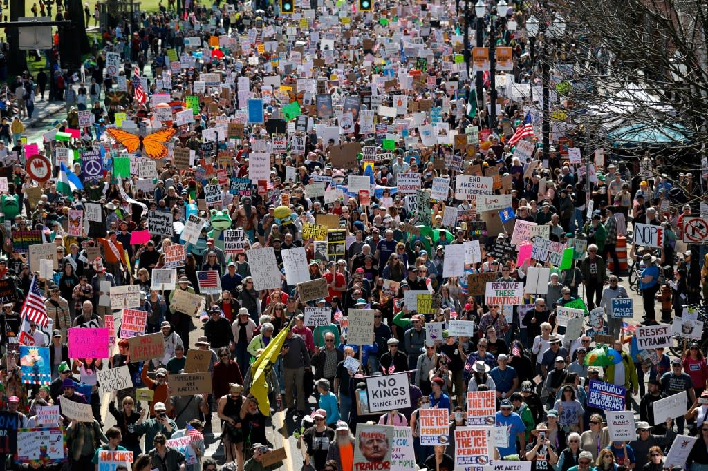 Demonstrators take part in a “No Kings” protest in Tom McCall Waterfront Park, in Portland, Oregon, on March 28, 2026. REUTERS