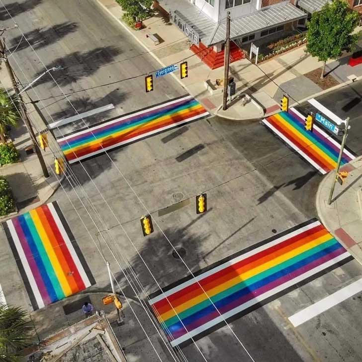 An aerial view of four rainbow Pride crosswalks in San Antonio, Texas