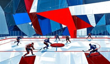 A cubist, geometric painting depicting a hockey game, with the players and ice reduced to sharp, overlapping shapes in a vibrant color palette, capturing the raw emotion and intensity of the championship match.