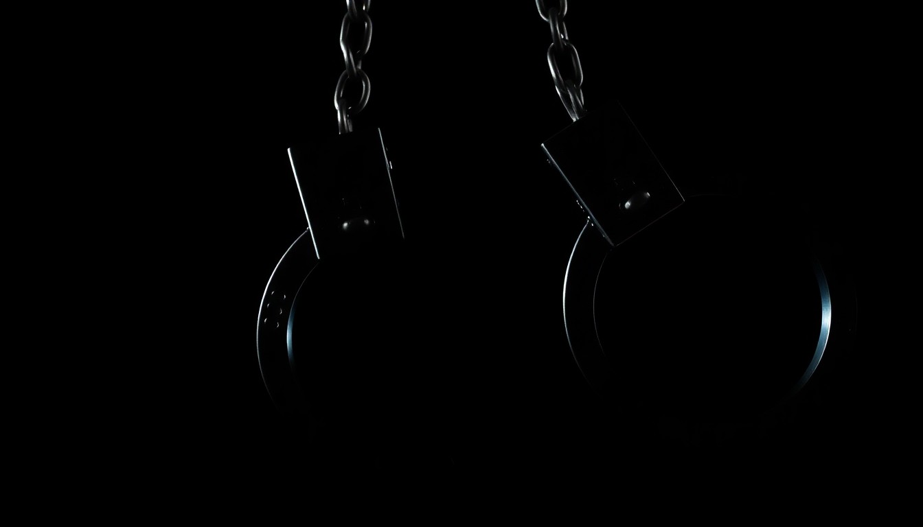 An extreme close-up photograph of a pair of metal handcuffs against a stark black background, conceptually representing the consequences of a serious crime.
