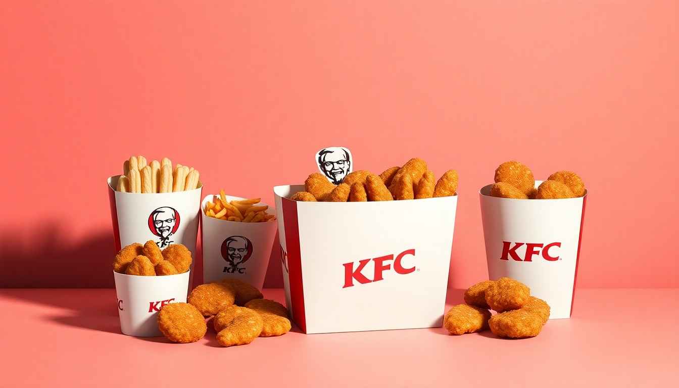 A high-end, photorealistic studio still-life photograph showing a neatly arranged selection of KFC