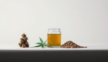 A high-end, photorealistic studio still-life photograph featuring a stack of hemp flower buds, a glass jar of hemp extract, and a small pile of hemp seeds arranged elegantly on a clean, monochromatic background, conceptually representing the abstract corporate strategy and regulatory changes impacting the hemp industry.