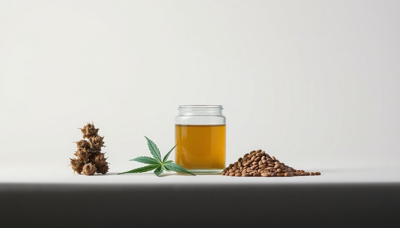 A high-end, photorealistic studio still-life photograph featuring a stack of hemp flower buds, a glass jar of hemp extract, and a small pile of hemp seeds arranged elegantly on a clean, monochromatic background, conceptually representing the abstract corporate strategy and regulatory changes impacting the hemp industry.