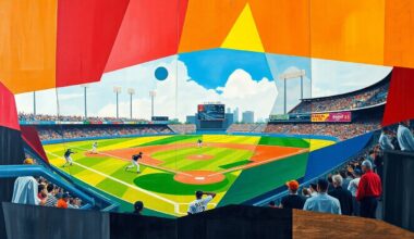 A cubist, geometric painting depicting the dynamic energy of a baseball game, with players and the field abstracted into bold, angular shapes and planes of color.