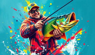An abstract, expressionist painting in neon colors depicting the dynamic motion and energy of a bass angler reeling in a large fish, with the angler