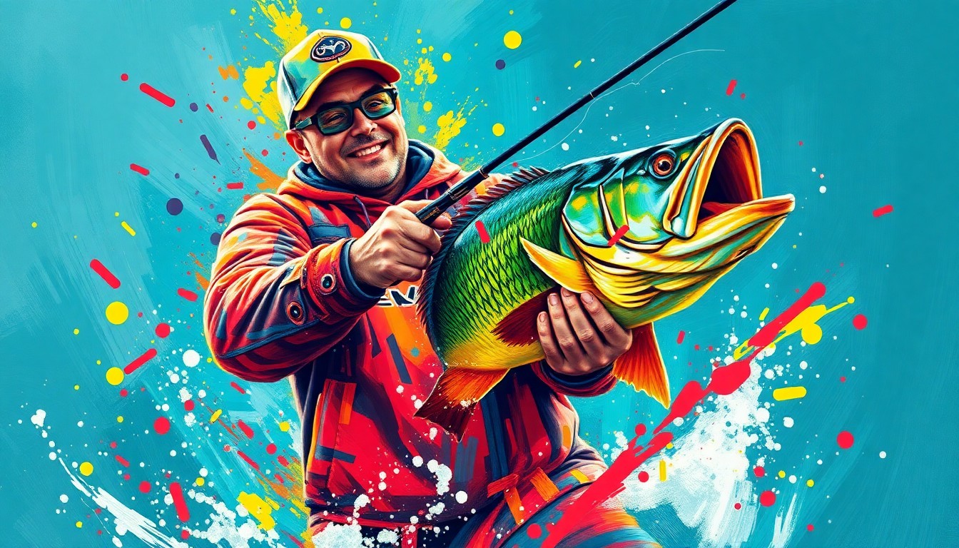 An abstract, expressionist painting in neon colors depicting the dynamic motion and energy of a bass angler reeling in a large fish, with the angler