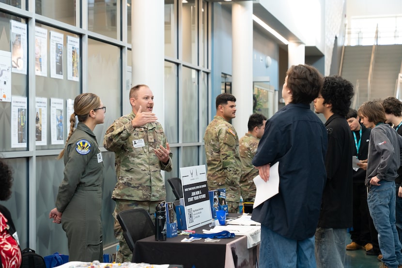 Garland ISD students speak with employers at the school district's Gilbreath-Reed Career and...