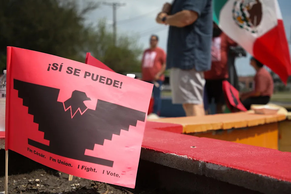 A flag waves in the wind in honor of American labor leader and civil rights activist César Chávez at the Antonio E. Garcia Arts and Education Center after the 24th annual César Chávez Marcha in Corpus Christi on March 29.
