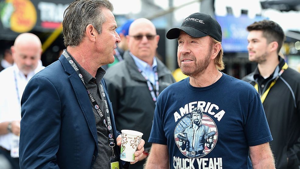 FORT WORTH, TX - NOVEMBER 06:  Actors Dennis Quaid and Chuck Norris look on prior to the NASCAR Sprint Cup Series AAA Texas 500 at Texas Motor Speedway on November 6, 2016 in Fort Worth, Texas.  (Photo by Jared C. Tilton/Getty Images)