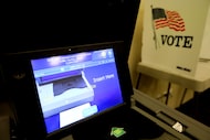 A voting machine at poll training at the Collin County elections administration office in...