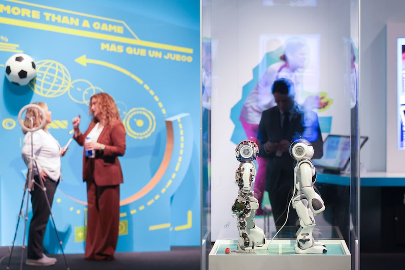 Humanoid robots capable of playing soccer from RobotLab are on display at the science of...