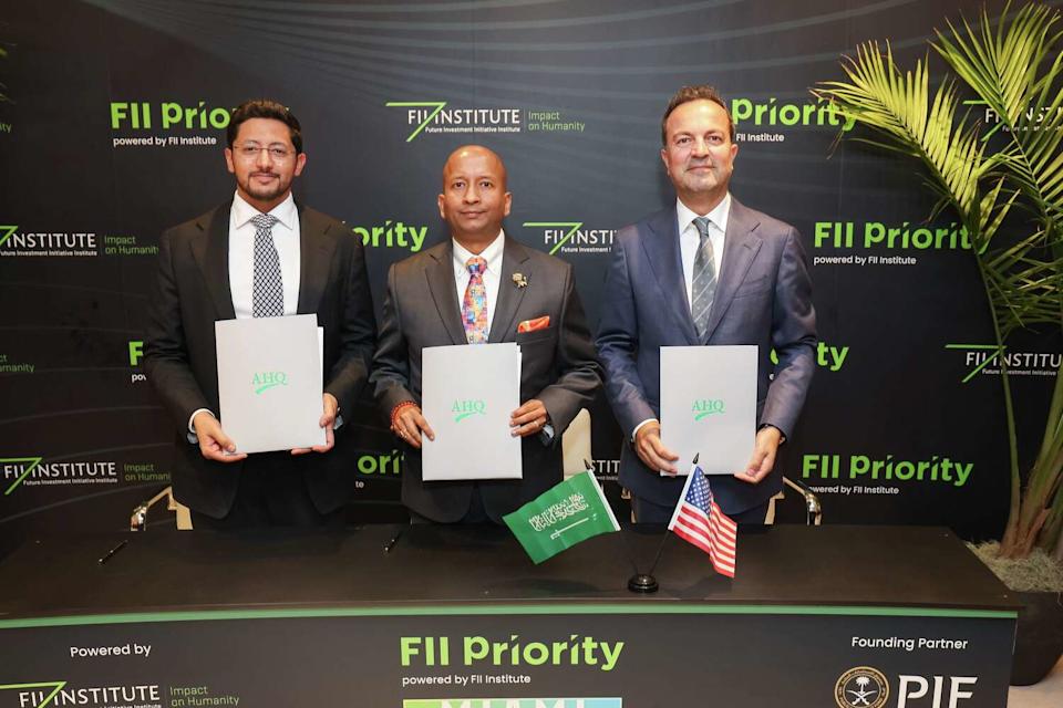 Dallas-based Patel Family Office is part of a $1 billion deal to develop 50 hotels in Saudi Arabia by 2029, the firm said on March 26, 2026. Pictured are H.E. Abdulmalik Tariq Al-Qahtani (from left), Lakshmi Narayanan and Matt Jordan. (Courtesy of Patel Family Office)