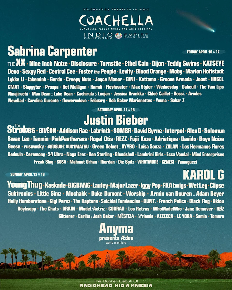 Coachella 2026 will be two weekends, April 10-12 and 17-19, at the Empire Polo Club in Indio, California.