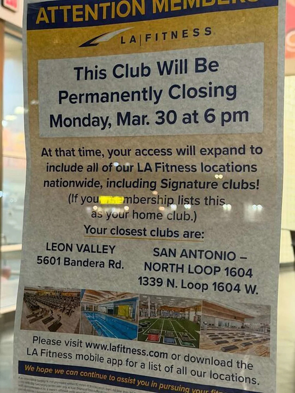 Signs outside the LA Fitness at 7140 Blanco Rd, San Antonio, TX 78216 say it is going to permanently close on March 30, 2025. (Jess Elizarraras/MySA)