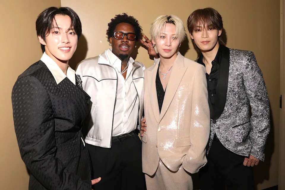 Kono Junki, Kawashiri Ren and Yonashiro Sho of JO1 and Real Boston RicheyCredit: Matt Winkelmeyer/Getty