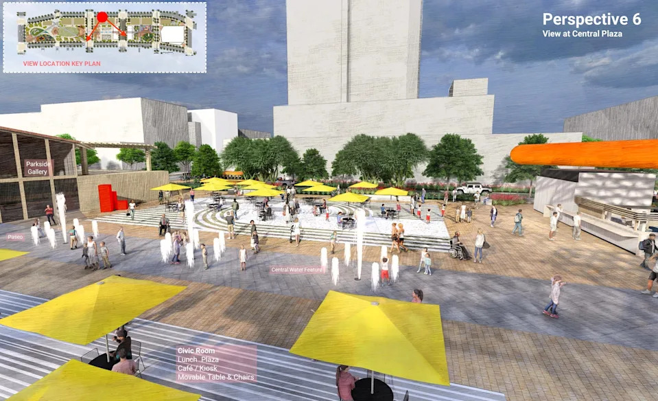 Rendering of what so-called Multicultural Forum space may look in proposed Downtown deck plaza/park over Interstate 10.