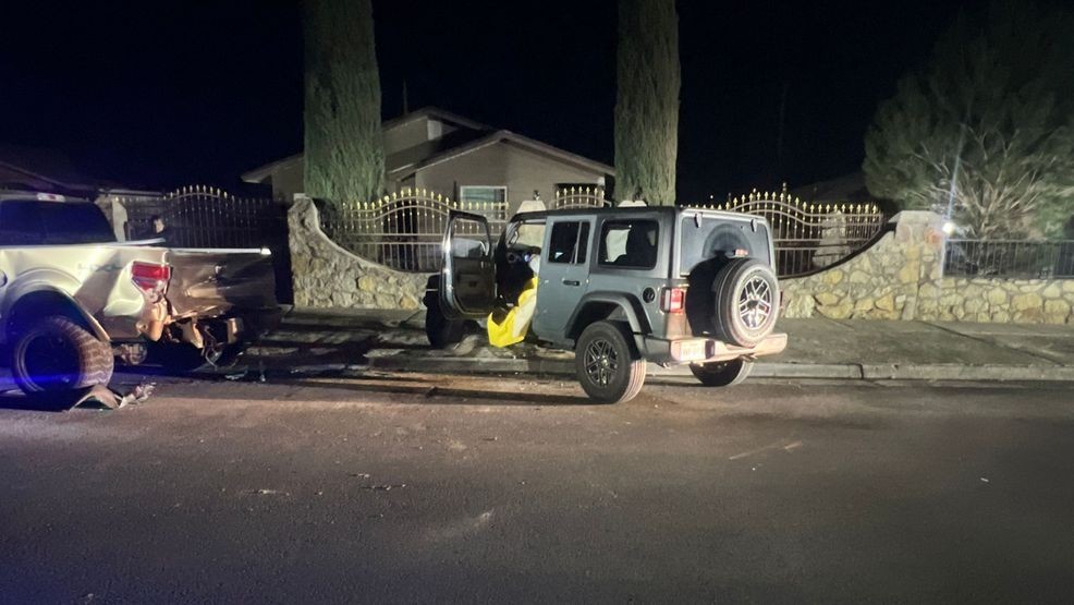 A 36-year-old woman was arrested for DWI with a child in the car after a blue Jeep crashed into two parked vehicles near Spark. March 1, 2026. Credit: EPCSO