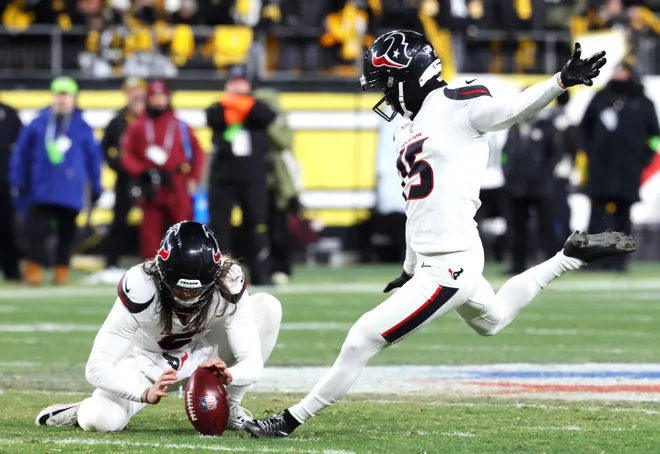 Jan 12, 2026; Pittsburgh, PA, USA; Houston Texans place kicker Ka'imi Fairbairn (15) kicks a field goal during the second half of an AFC Wild Card Round game against the Pittsburgh Steelers at Acrisure Stadium. Mandatory Credit: Charles LeClaire-Imagn Images
