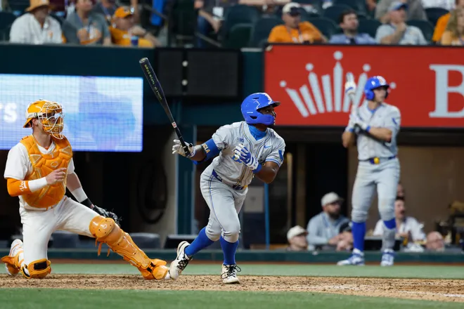 Feb 27, 2026; Arlington, TX, USA; UCLA vs, Tennessee during the Amegy Bank College Baseball Series at Globe Life Field. Mandatory Credit: Chris Jones-Imagn Images