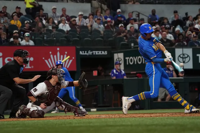 Mar 1, 2026; Arlington, TX, USA; UCLA Bruins against Mississippi State Bulldogs during the Amegy Bank College Baseball Series at Globe Life Field. Mandatory Credit: Dustin Safranek-Imagn Images